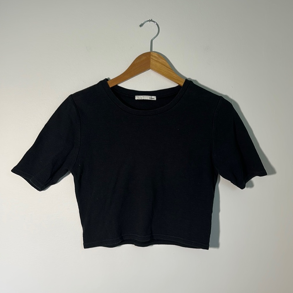 Moussy Cropped Black Cotton Tee - Ribbed Textured Style, Black Short Sleeves XS
